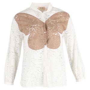 N 21 Butterfly Lace Detail Button-Down Long Sleeve Shirt in White Cotton